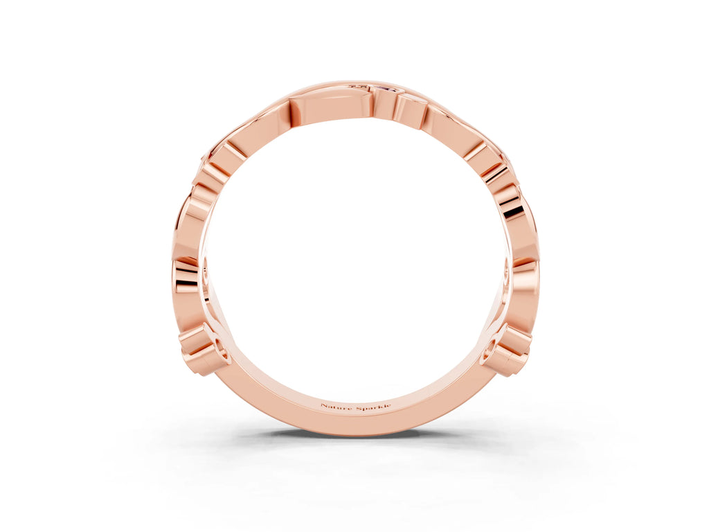 Round Morganite Leaf Motif Eternity Band in Rose gold with Bezel Setting