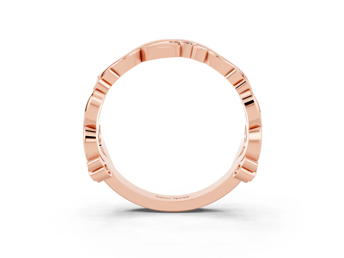 Round Morganite Leaf Motif Eternity Band in Rose gold with Bezel Setting