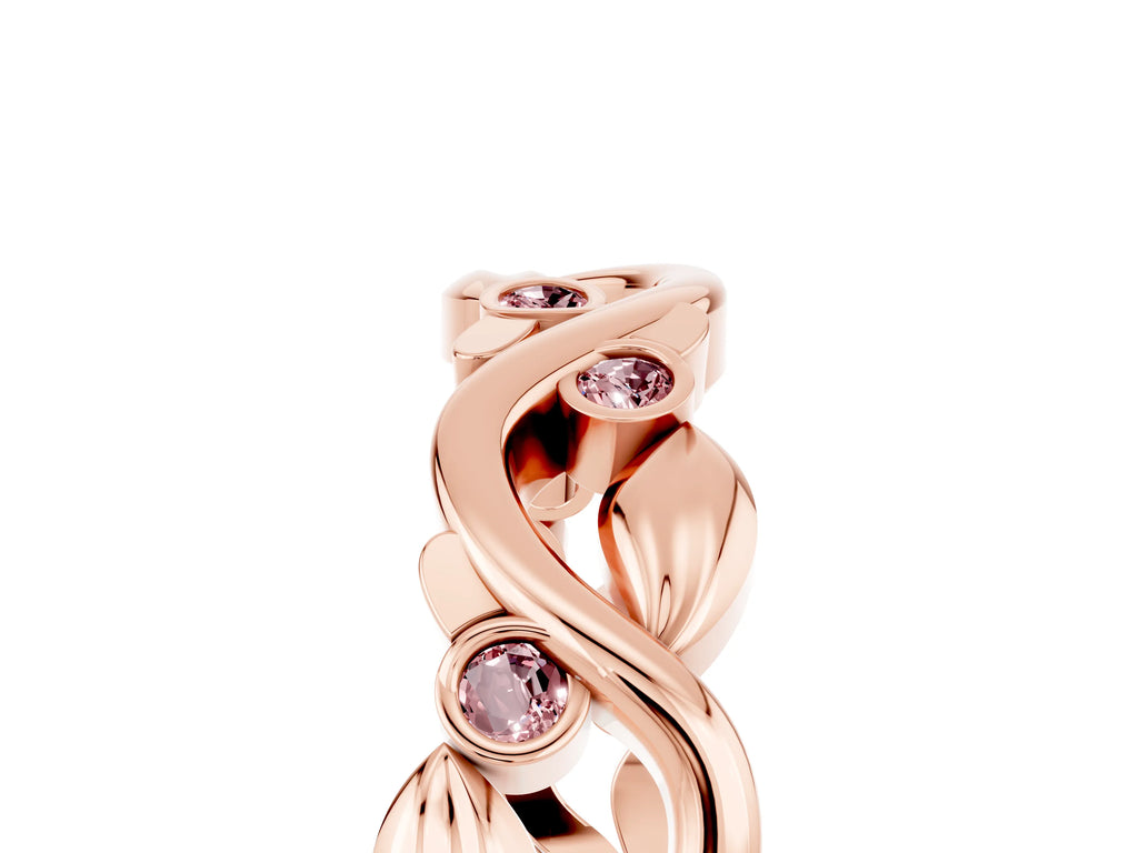 Round Morganite Leaf Motif Eternity Band in Rose gold with Bezel Setting
