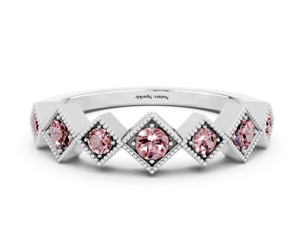 Round Morganite Square Bezel Chevron Band in Platinum with Milgrain Detailing
