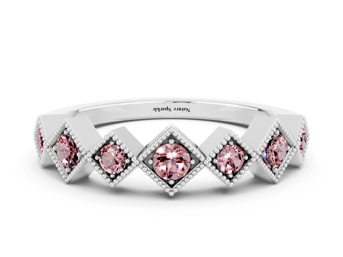 Round Morganite Square Bezel Chevron Band in Platinum with Milgrain Detailing