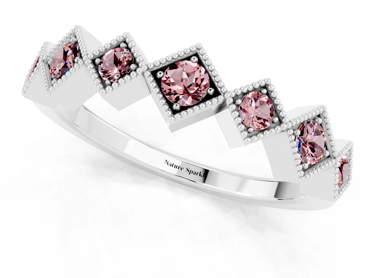 Round Morganite Square Bezel Chevron Band in Platinum with Milgrain Detailing