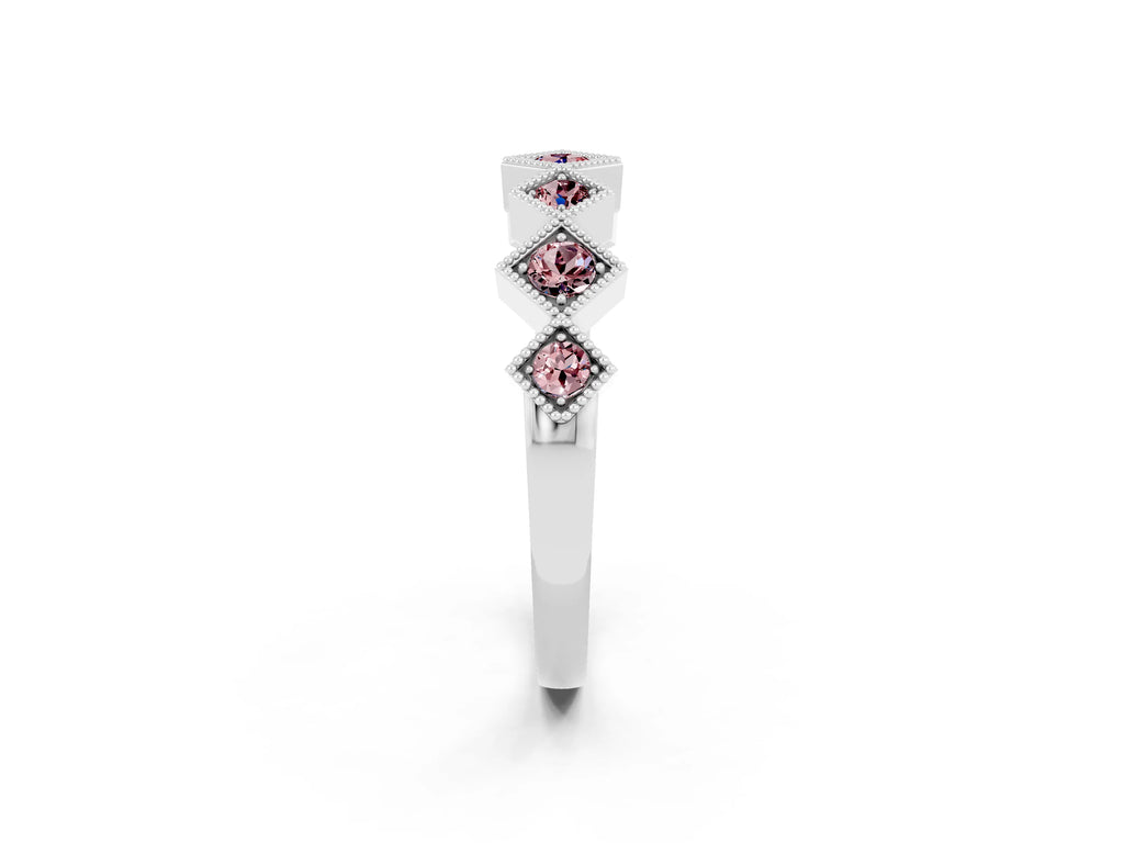 Round Morganite Square Bezel Chevron Band in Platinum with Milgrain Detailing