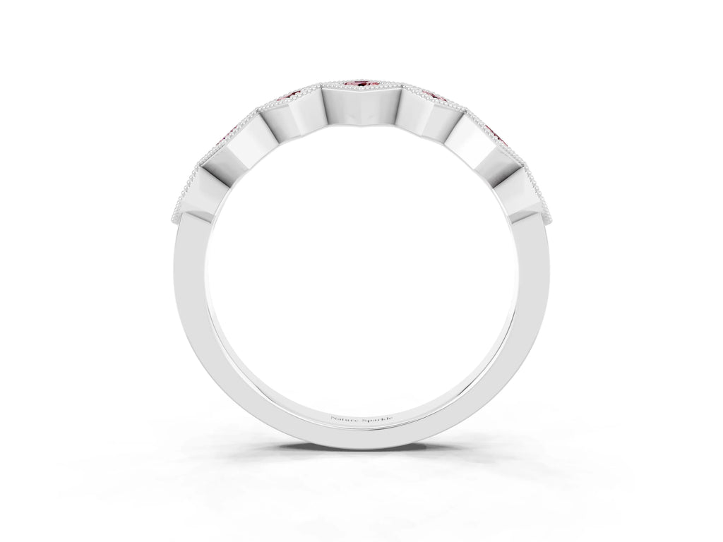 Round Morganite Square Bezel Chevron Band in Platinum with Milgrain Detailing