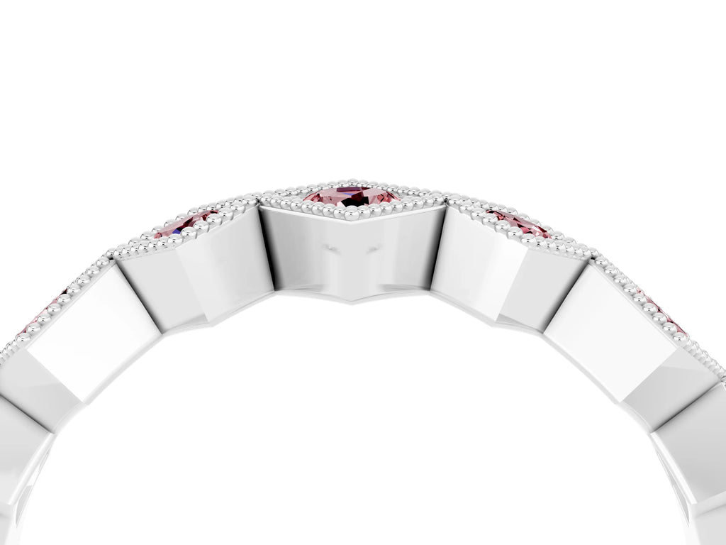 Round Morganite Square Bezel Chevron Band in Platinum with Milgrain Detailing