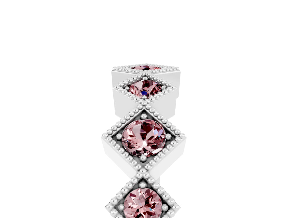 Round Morganite Square Bezel Chevron Band in Platinum with Milgrain Detailing
