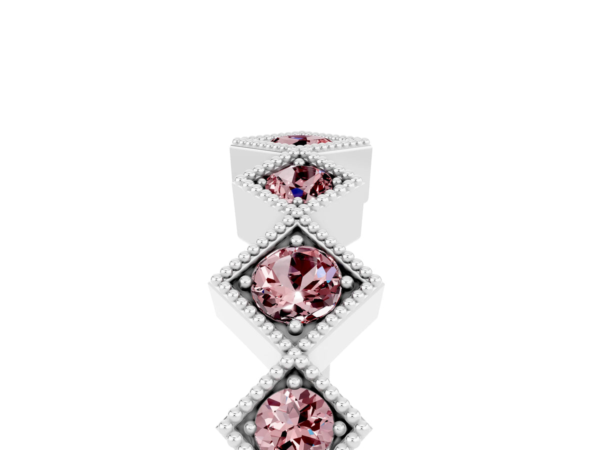 Round Morganite Square Bezel Chevron Band in Platinum with Milgrain Detailing