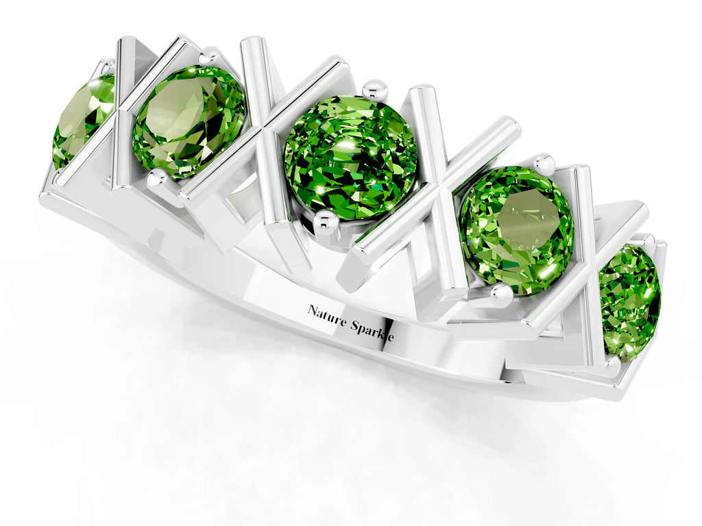 Round Peridot Channel Set Band in Platinum with X-Prong Detail