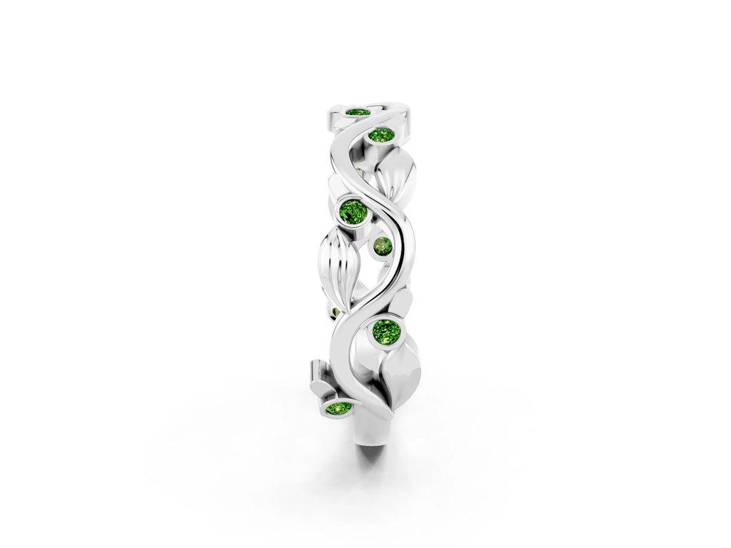 Round Peridot Leaf Motif Eternity Band in Platinum with Bezel Setting