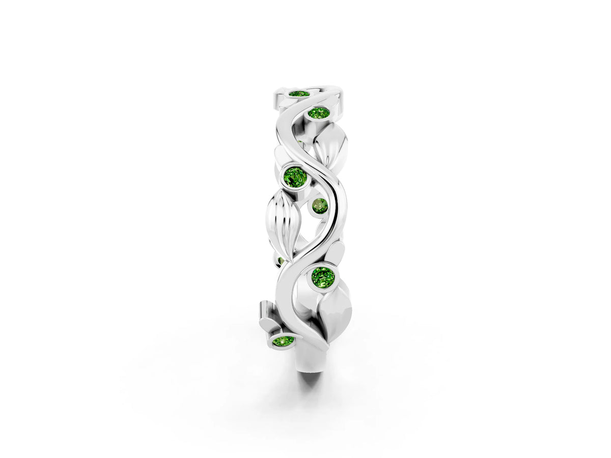 Round Peridot Leaf Motif Eternity Band in Platinum with Bezel Setting