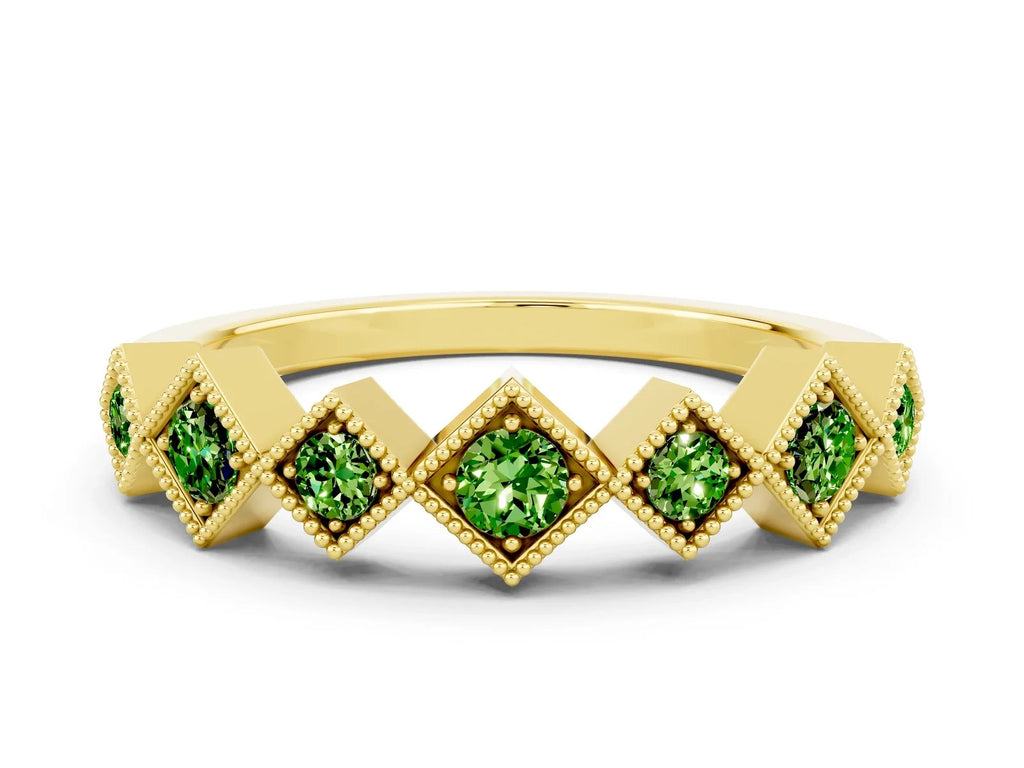 Round Peridot Square Bezel Chevron Band in Yellow gold with Milgrain Detailing 