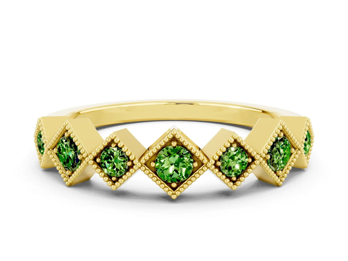 Round Peridot Square Bezel Chevron Band in Yellow gold with Milgrain Detailing 