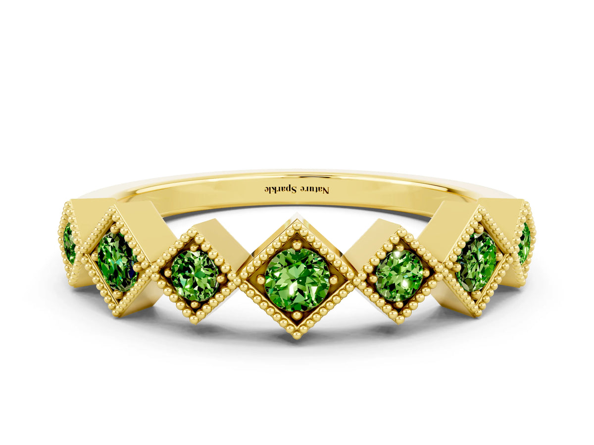 Round Peridot Square Bezel Chevron Band in Yellow gold with Milgrain Detailing