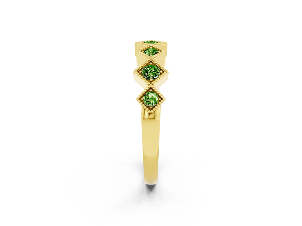 Round Peridot Square Bezel Chevron Band in Yellow gold with Milgrain Detailing