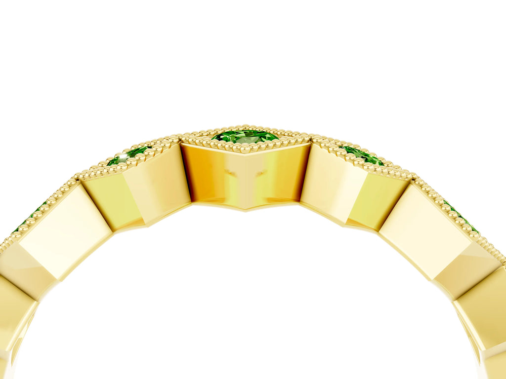 Round Peridot Square Bezel Chevron Band in Yellow gold with Milgrain Detailing