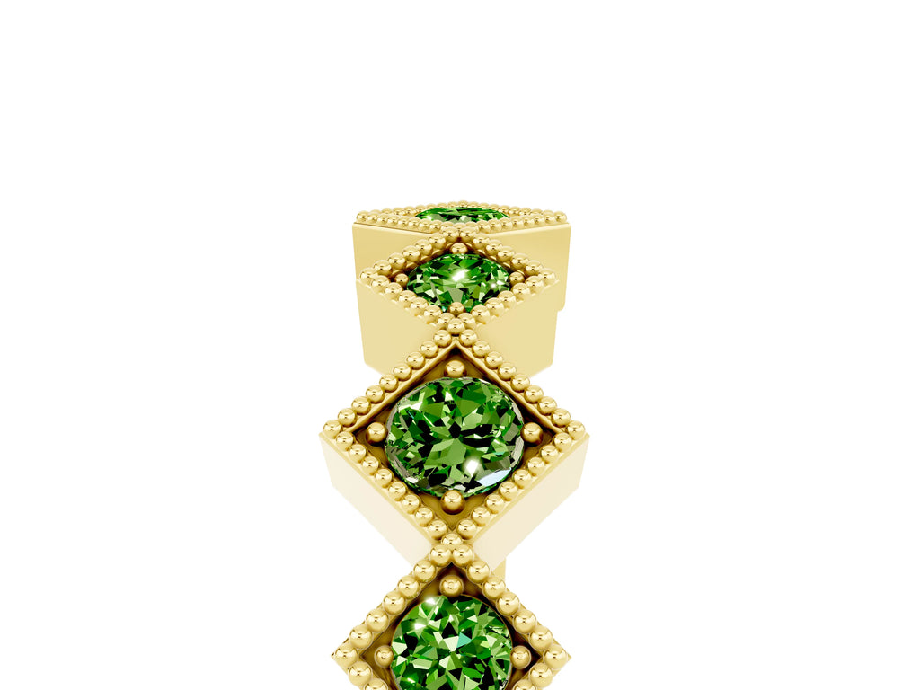 Round Peridot Square Bezel Chevron Band in Yellow gold with Milgrain Detailing