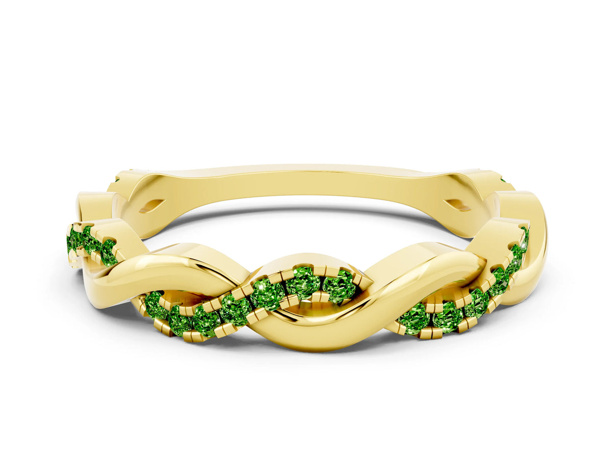 Round Peridot Twist Eternity Band in Yellow gold with Pavé Setting