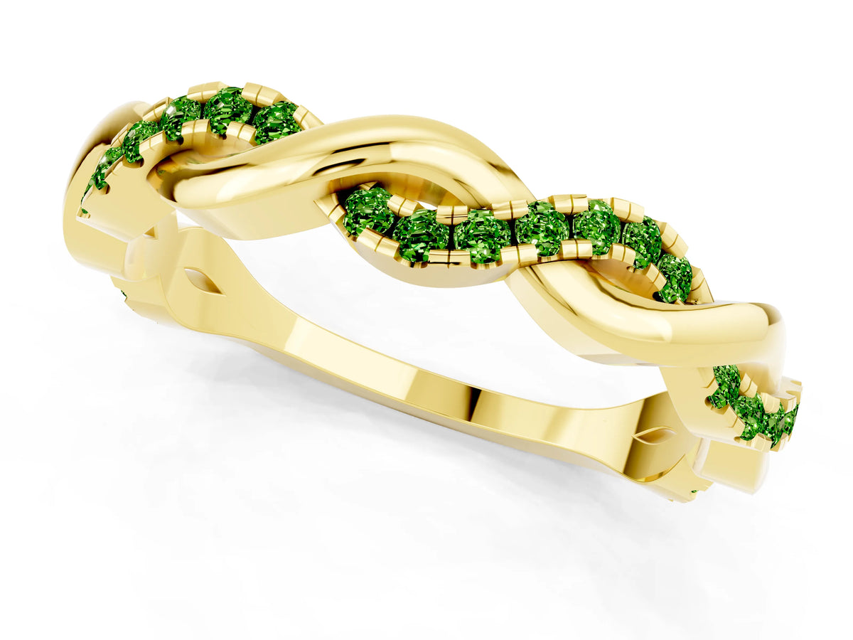 Round Peridot Twist Eternity Band in Yellow gold with Pavé Setting