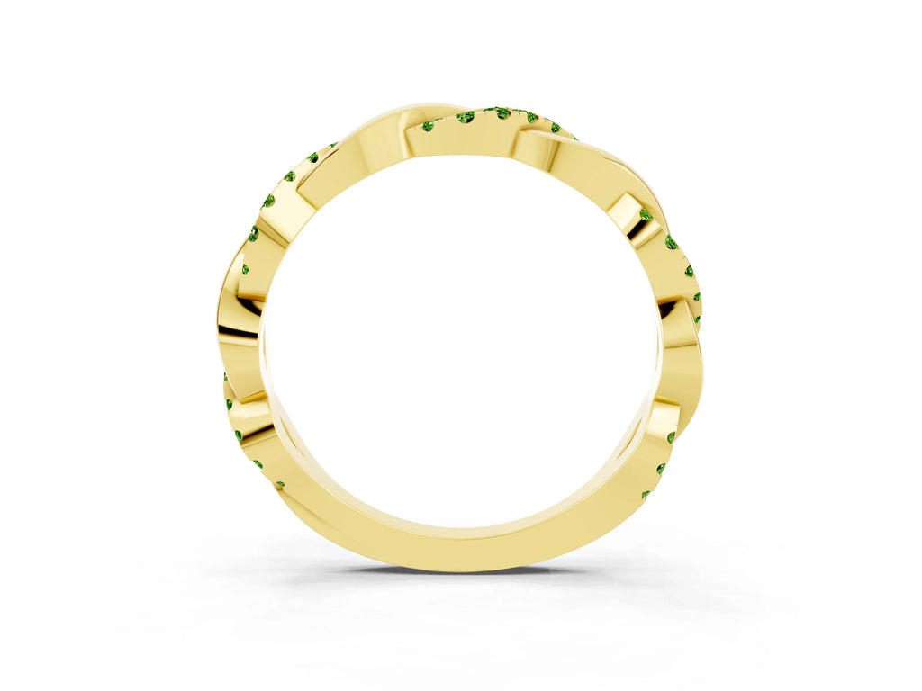 Round Peridot Twist Eternity Band in Yellow gold with Pavé Setting
