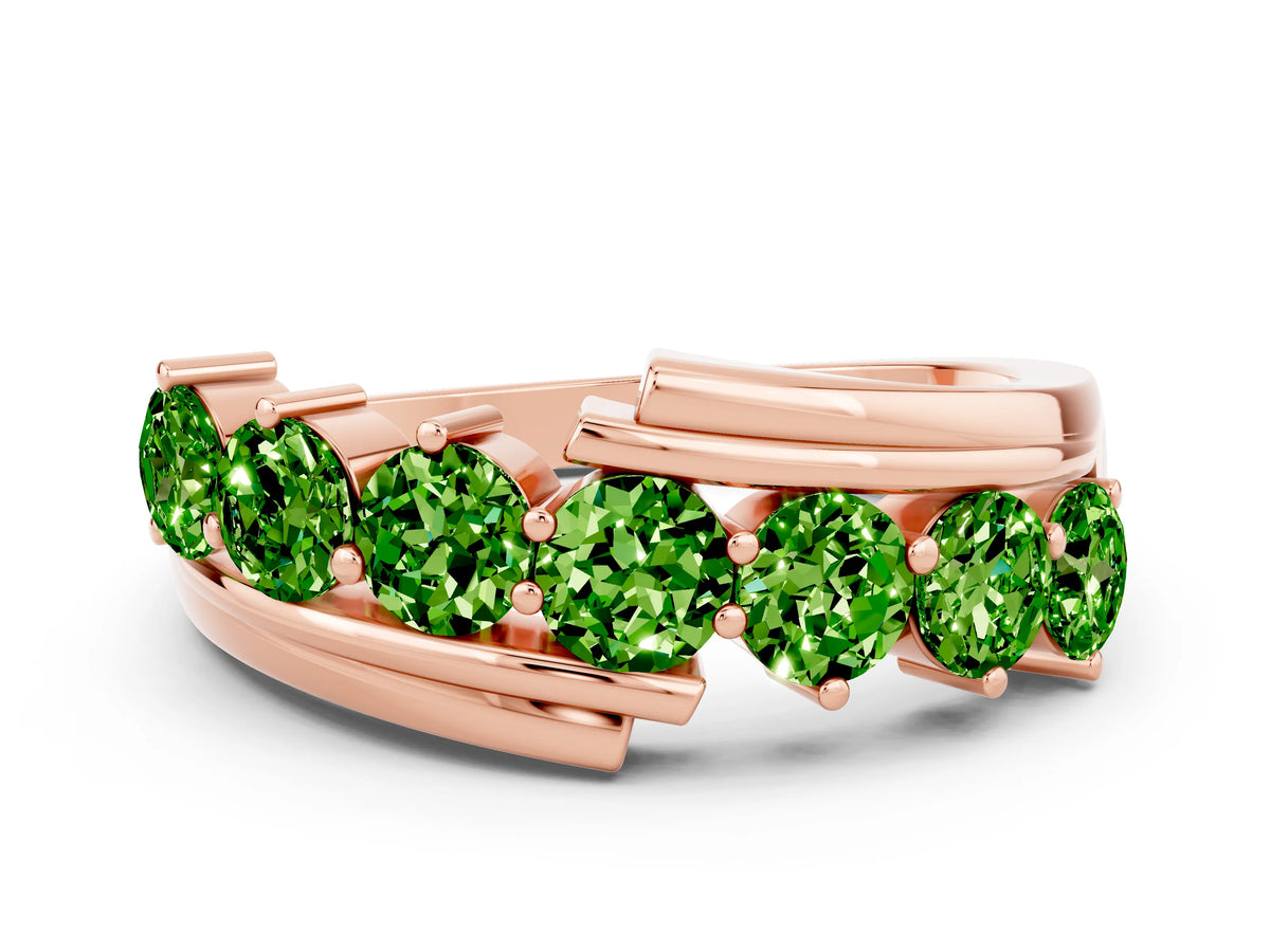 Round Peridot Wave Band in Rose gold with Channel and Shared Prong Setting