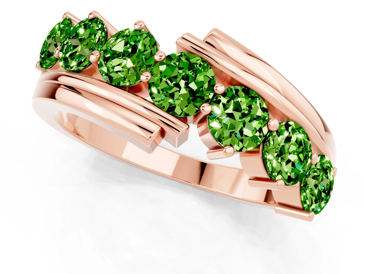 Round Peridot Wave Band in Rose gold with Channel and Shared Prong Setting