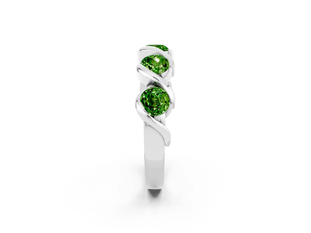 Round Peridot Wave Band in Silver with Channel Setting and Shared Prongs