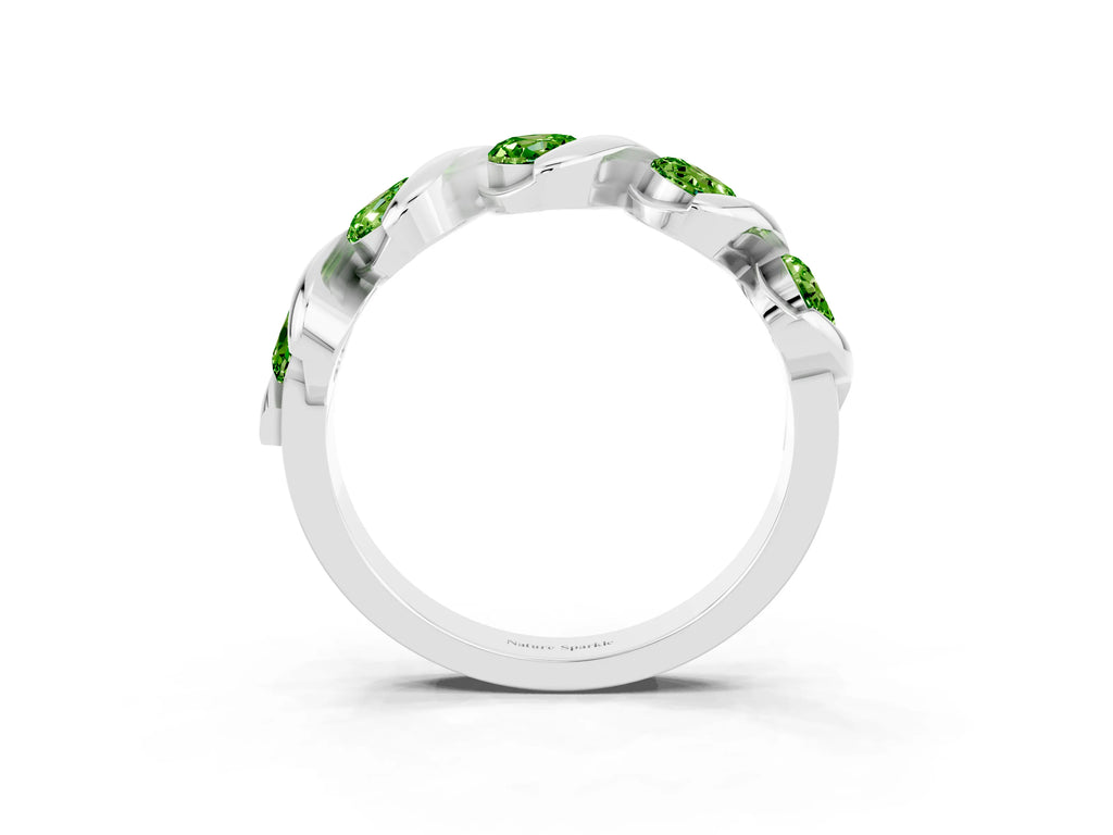 Round Peridot Wave Band in Silver with Channel Setting and Shared Prongs