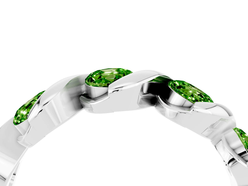 Round Peridot Wave Band in Silver with Channel Setting and Shared Prongs