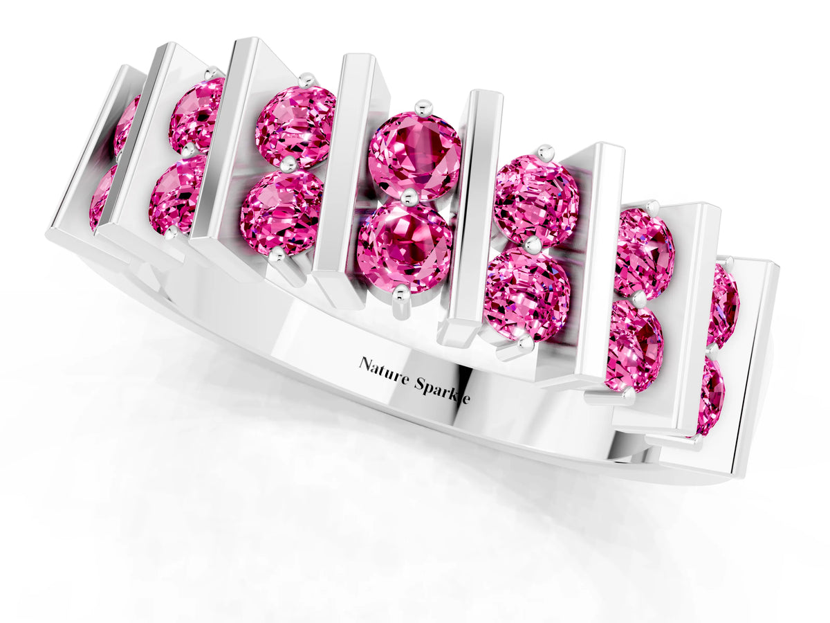 Round Pink Sapphire Anniversary Band in Platinum with Channel Setting and Vertical Prongs