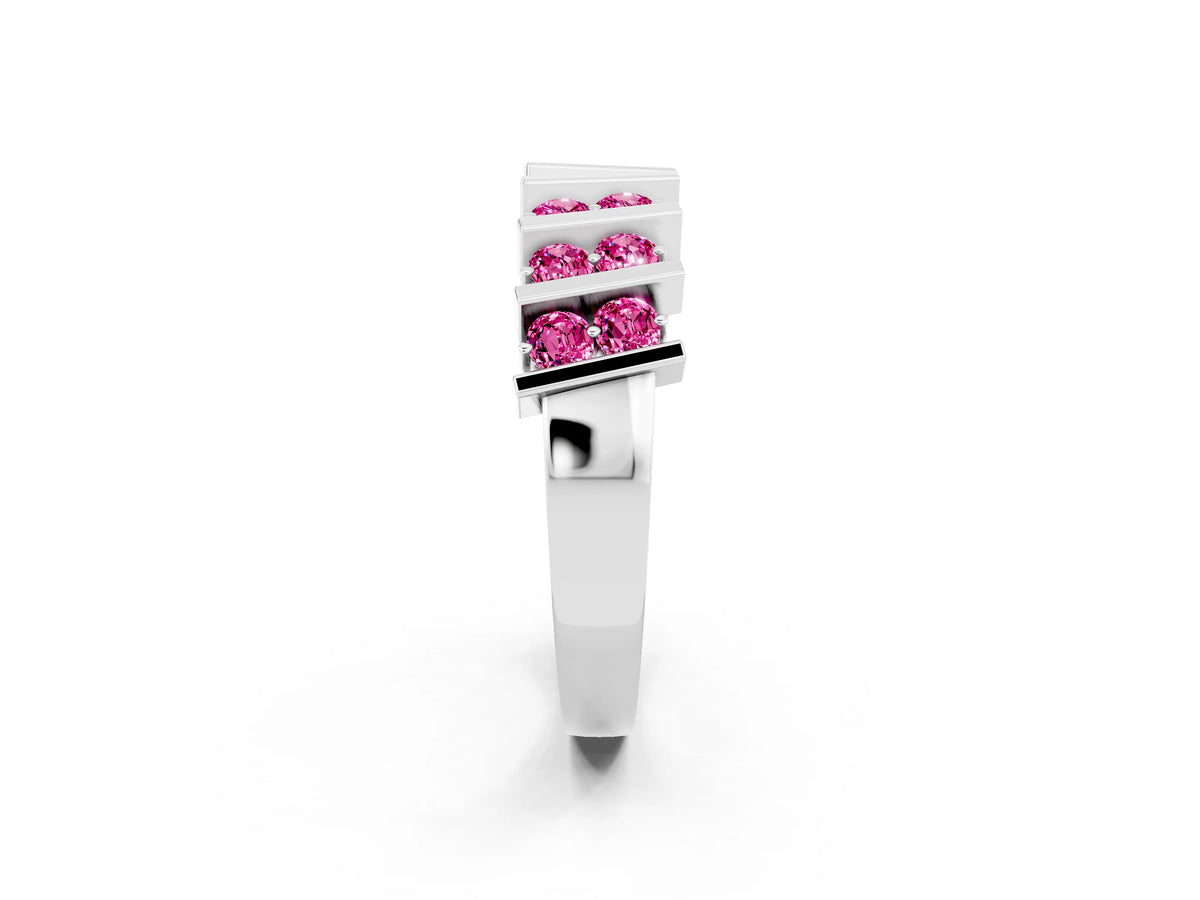 Round Pink Sapphire Anniversary Band in Platinum with Channel Setting and Vertical Prongs