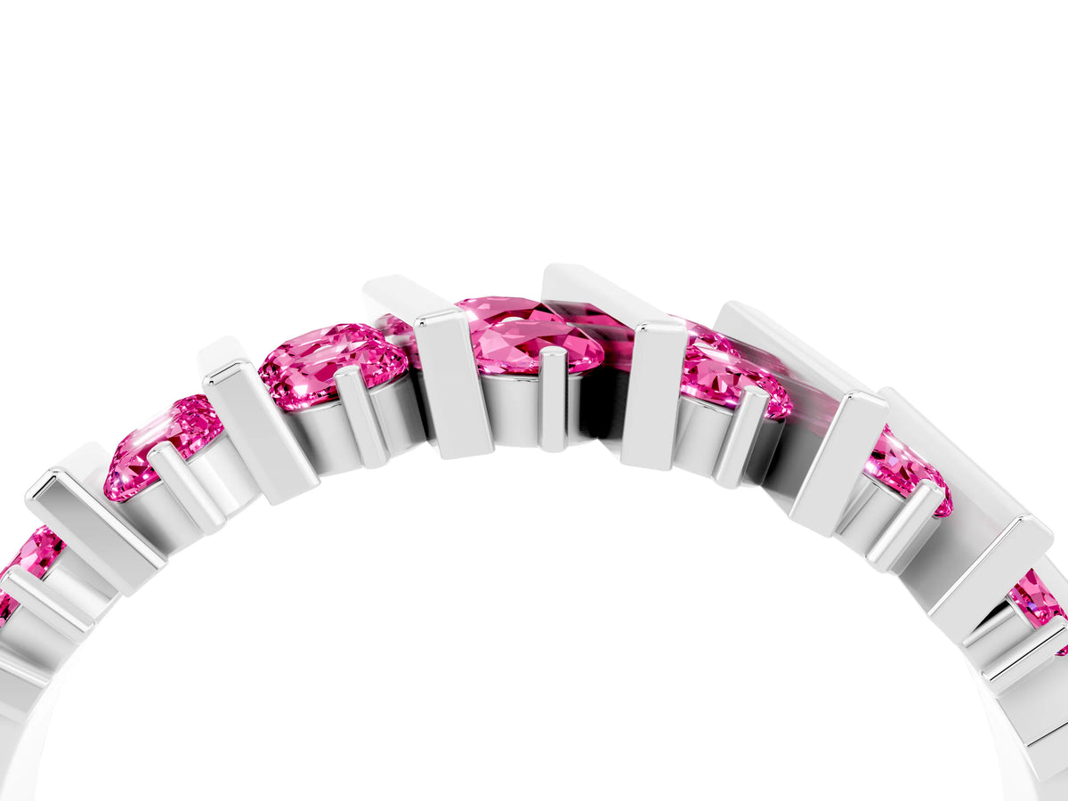 Round Pink Sapphire Anniversary Band in Platinum with Channel Setting and Vertical Prongs