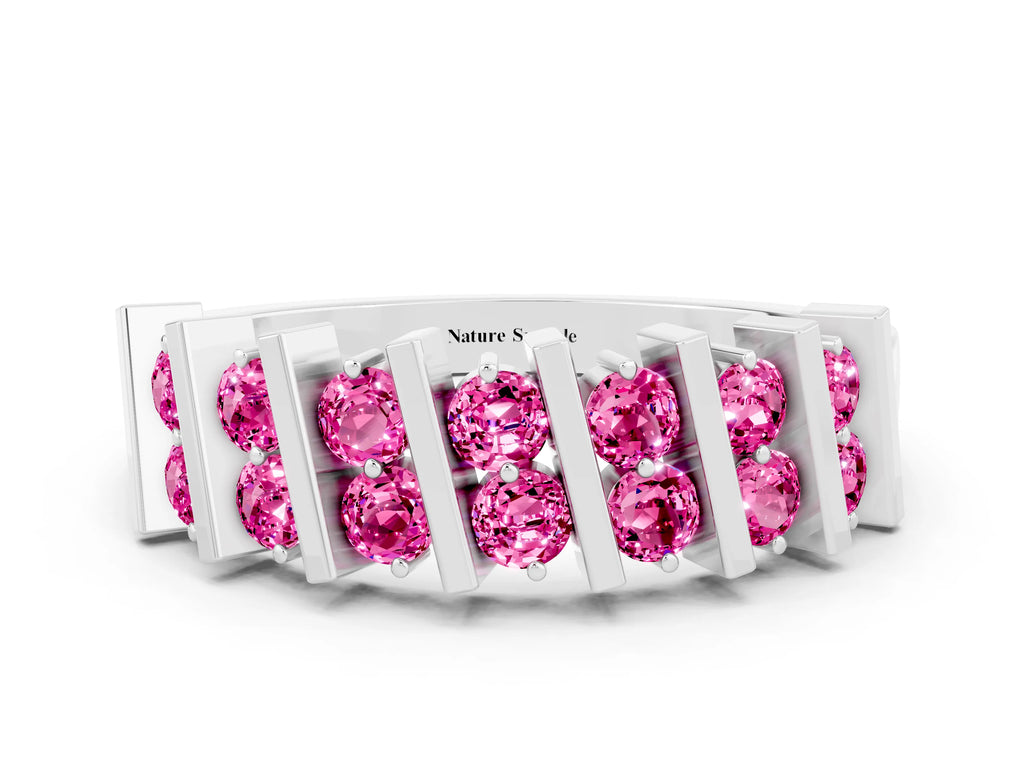 Round Pink Sapphire Anniversary Band in White gold with Channel Setting and Vertical Prongs