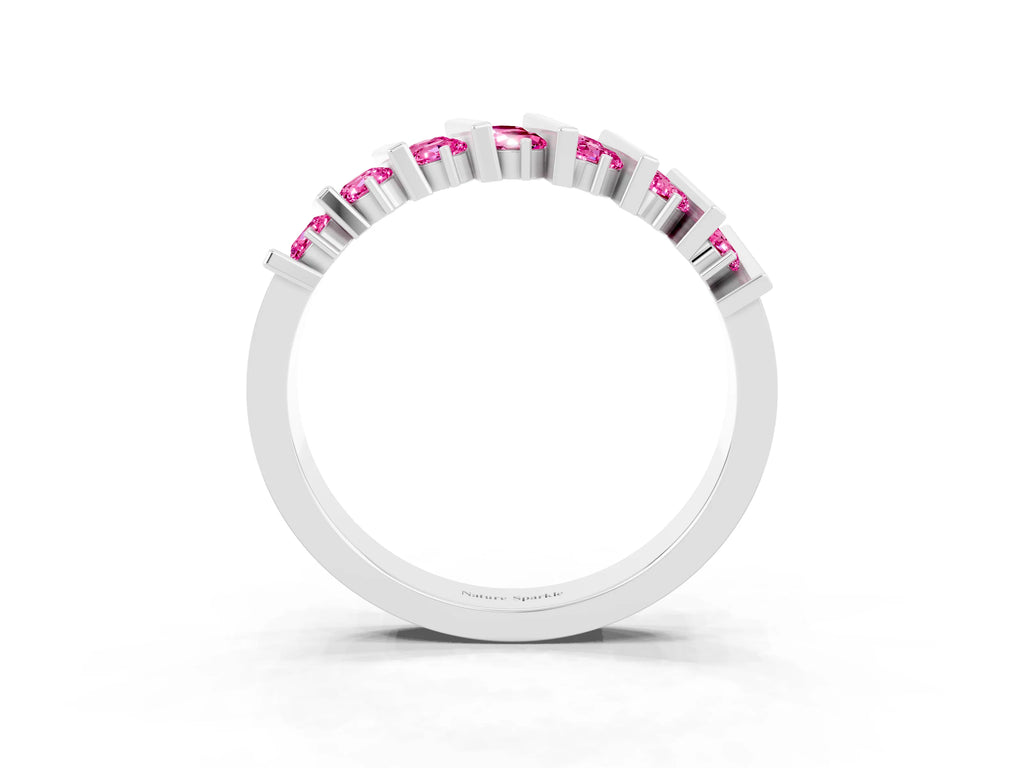 Round Pink Sapphire Anniversary Band in White gold with Channel Setting and Vertical Prongs