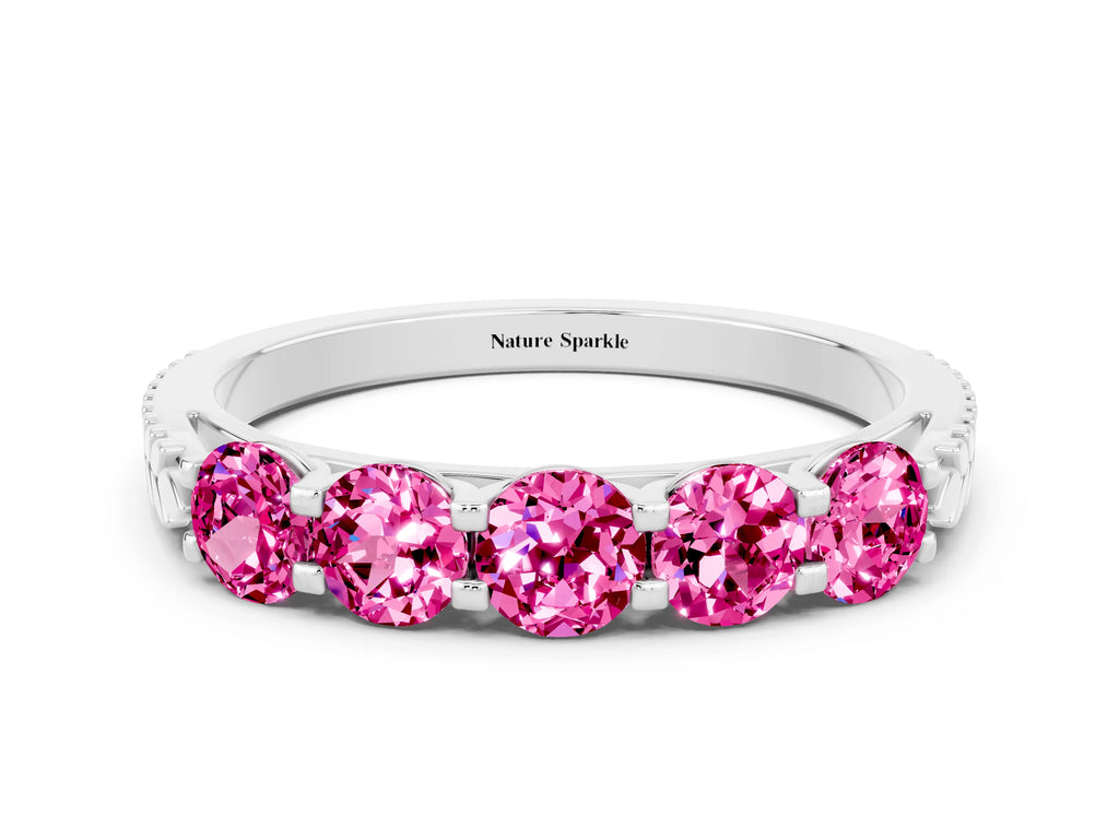 Round Pink Sapphire Five-Stone Band in Platinum with Prong Setting