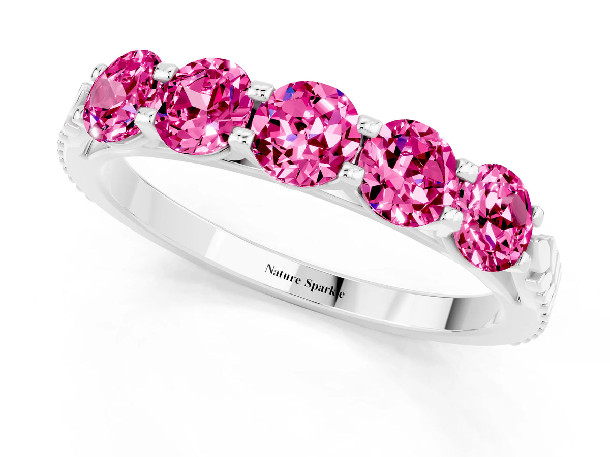 Round Pink Sapphire Five-Stone Band in Platinum with Prong Setting