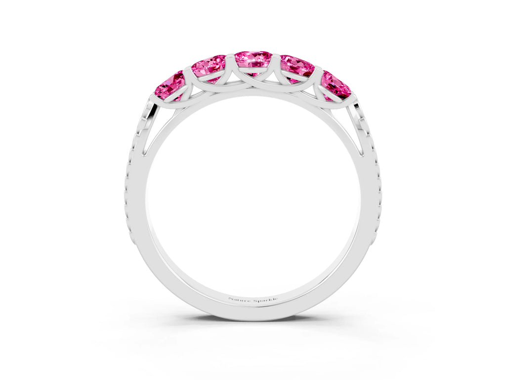 Round Pink Sapphire Five-Stone Band in Platinum with Prong Setting