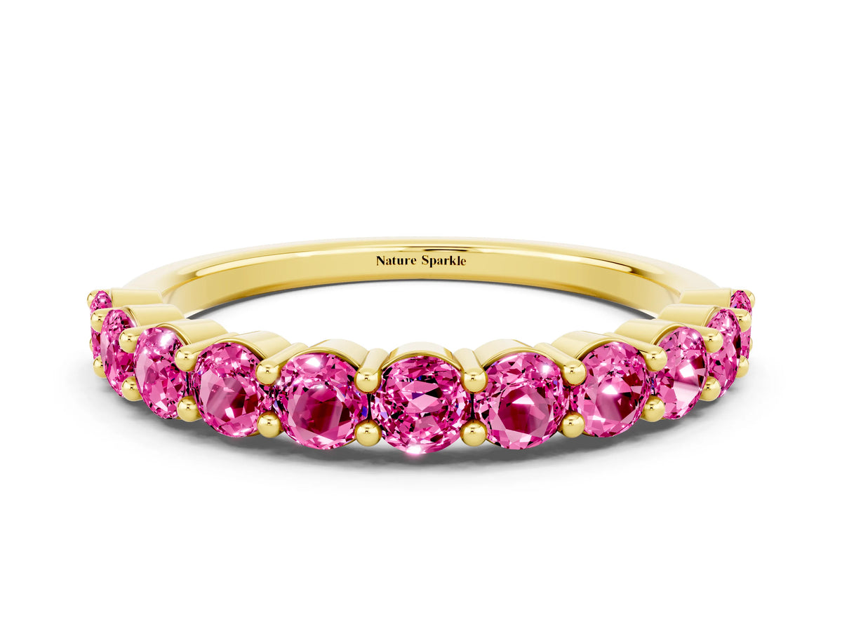 Round Pink Sapphire Half Eternity Band in Yellow gold with Classic Prong Setting