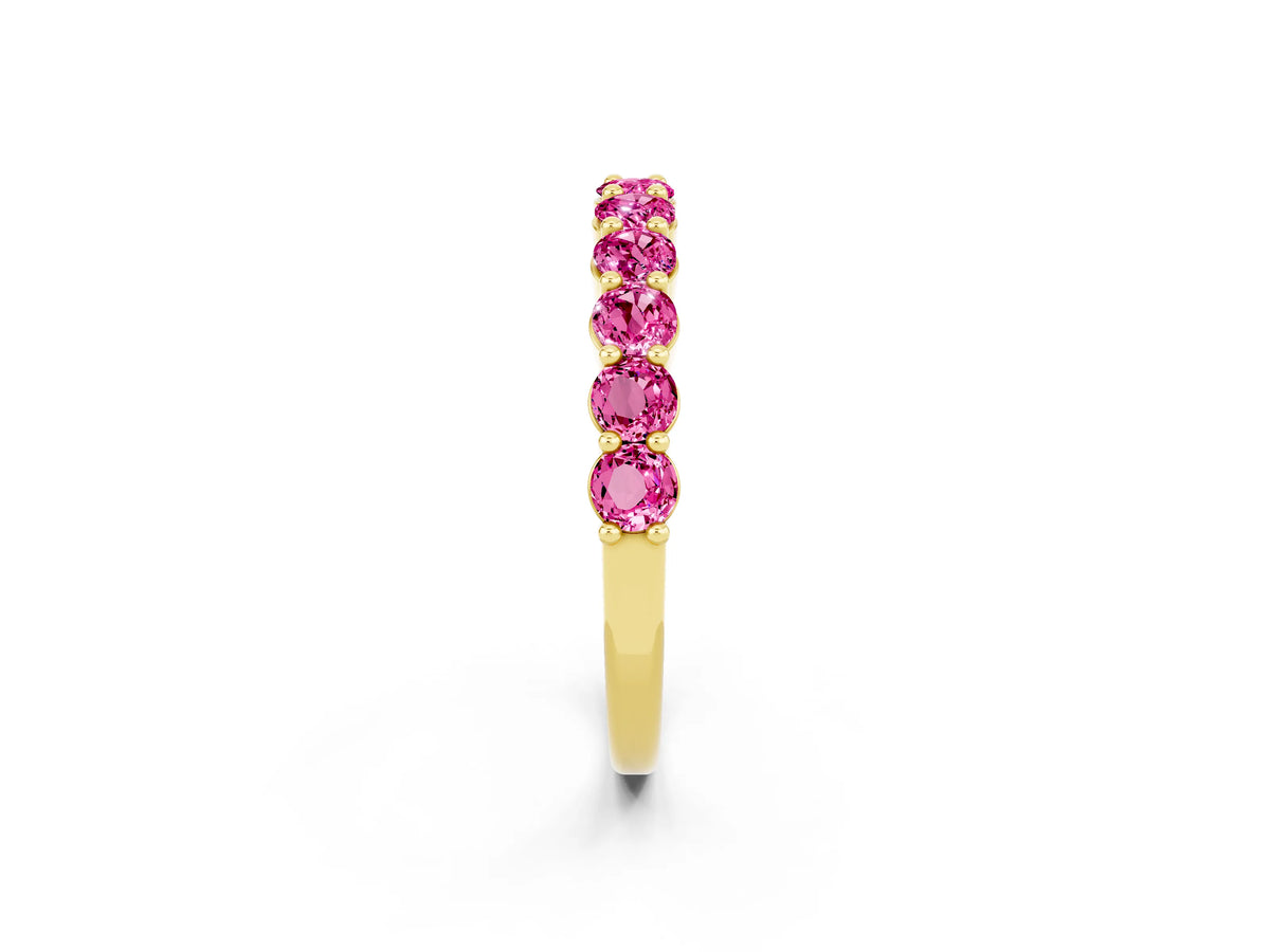 Round Pink Sapphire Half Eternity Band in Yellow gold with Classic Prong Setting