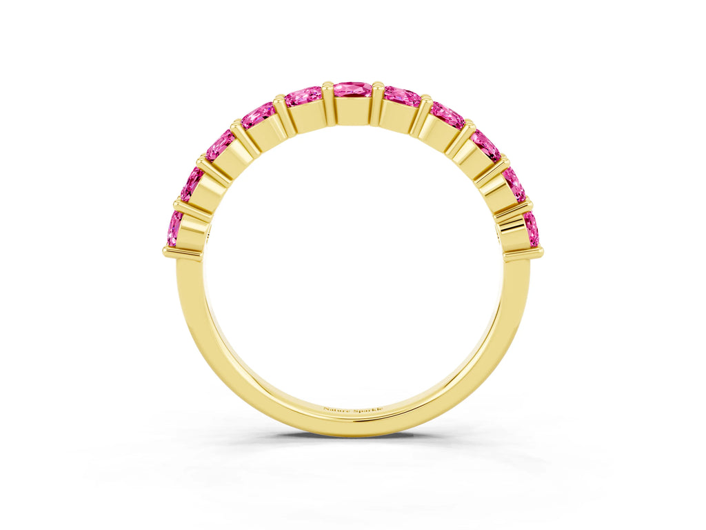 Round Pink Sapphire Half Eternity Band in Yellow gold with Classic Prong Setting