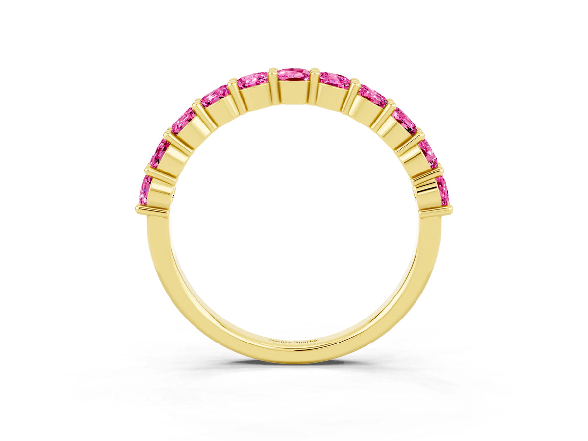 Round Pink Sapphire Half Eternity Band in Yellow gold with Classic Prong Setting