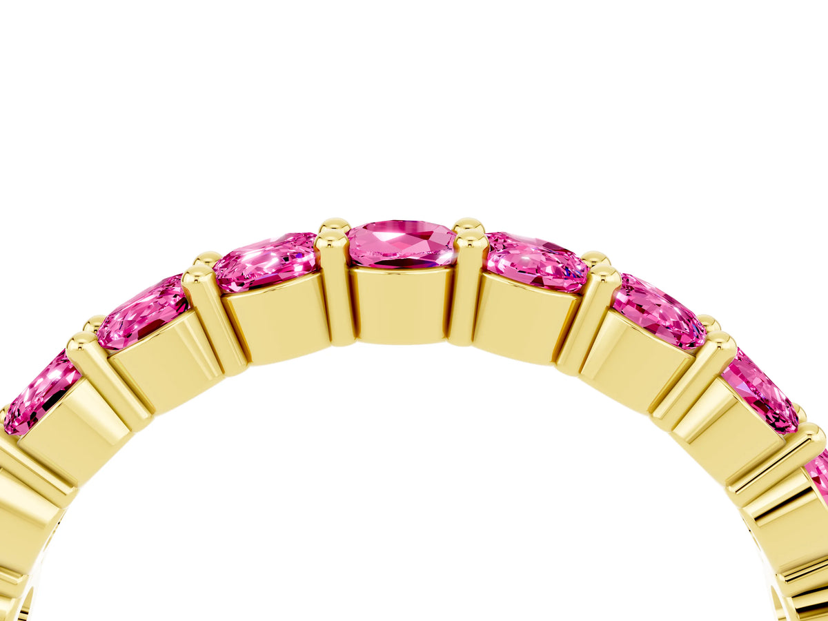 Round Pink Sapphire Half Eternity Band in Yellow gold with Classic Prong Setting