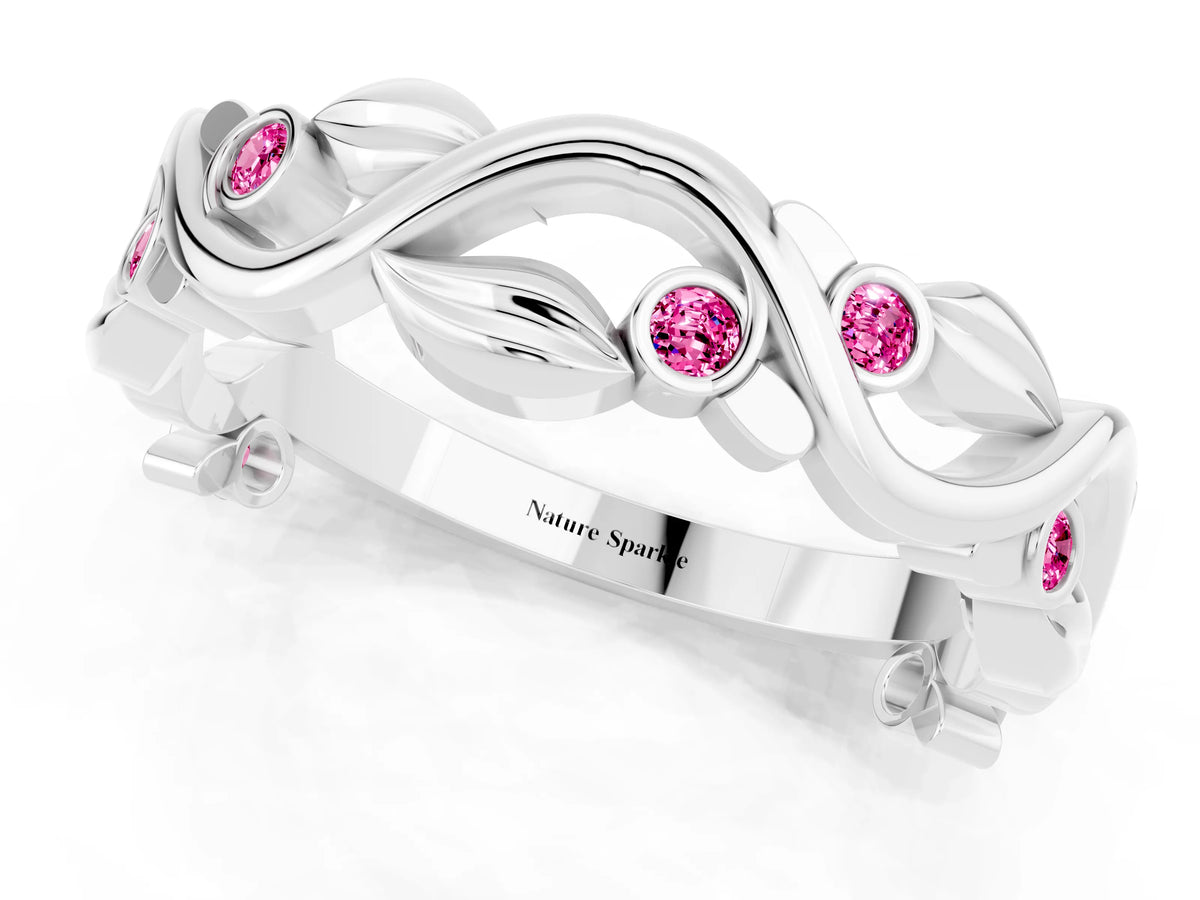 Round Pink Sapphire Leaf Motif Eternity Band in White gold with Bezel Setting