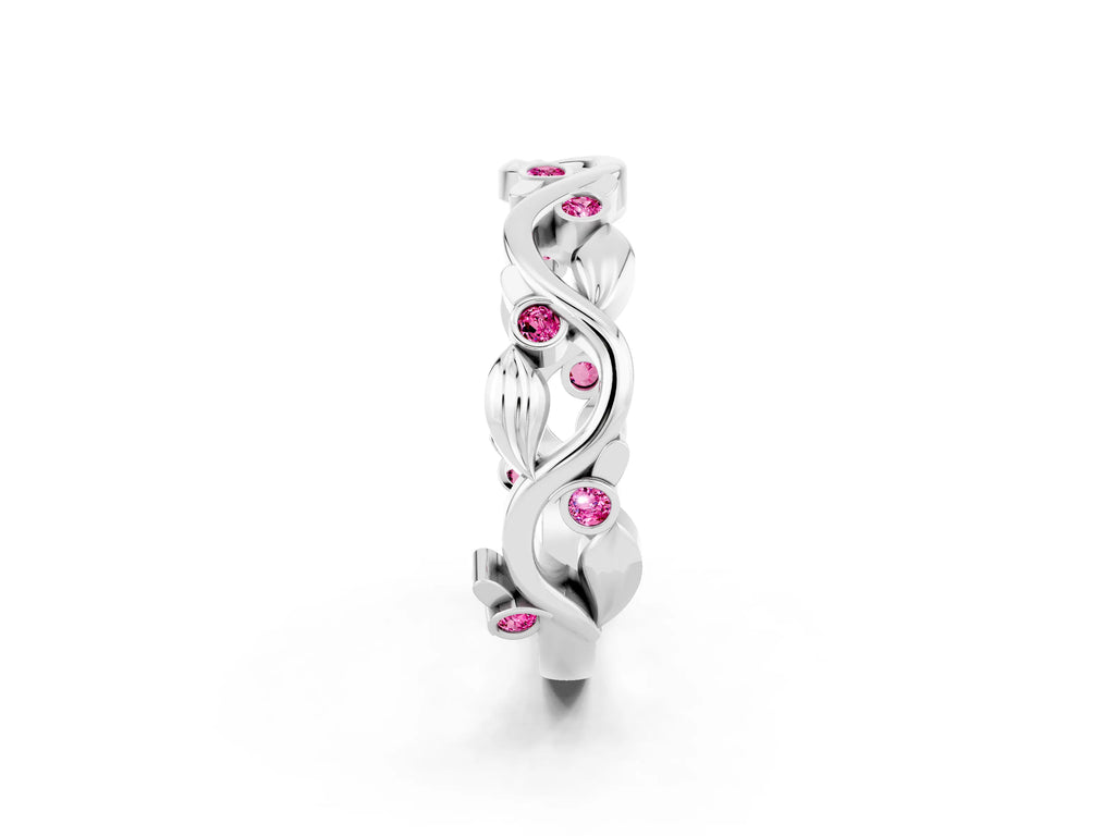 Round Pink Sapphire Leaf Motif Eternity Band in White gold with Bezel Setting