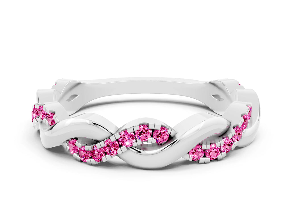 Round Pink Sapphire Pavé Twist Eternity Band in Platinum with Shared Prong Setting