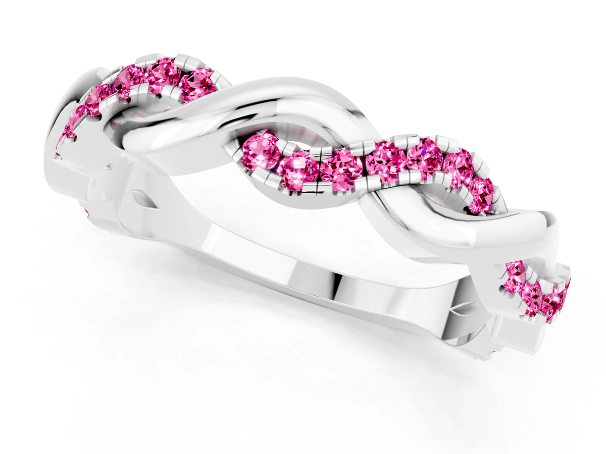 Round Pink Sapphire Pavé Twist Eternity Band in Platinum with Shared Prong Setting