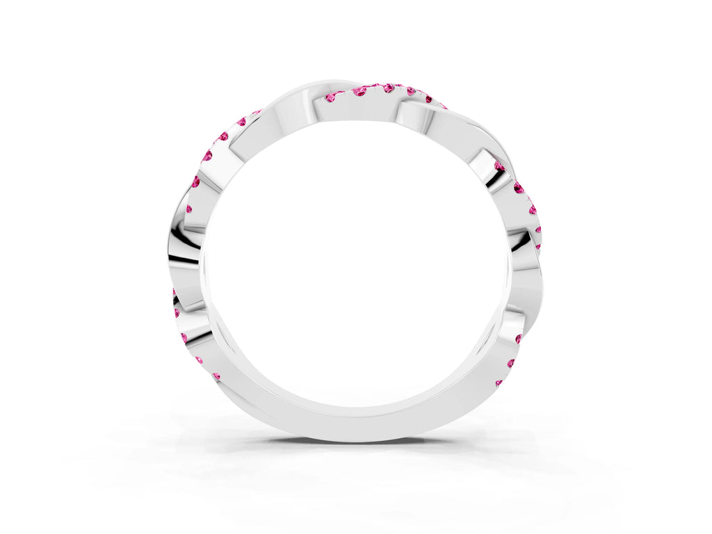 Round Pink Sapphire Pavé Twist Eternity Band in Platinum with Shared Prong Setting