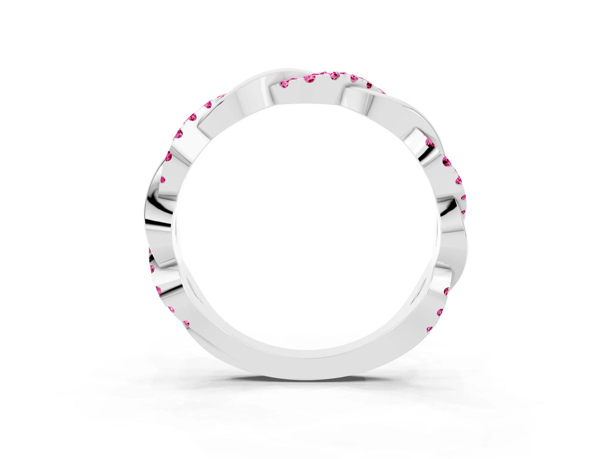 Round Pink Sapphire Pavé Twist Eternity Band in Platinum with Shared Prong Setting