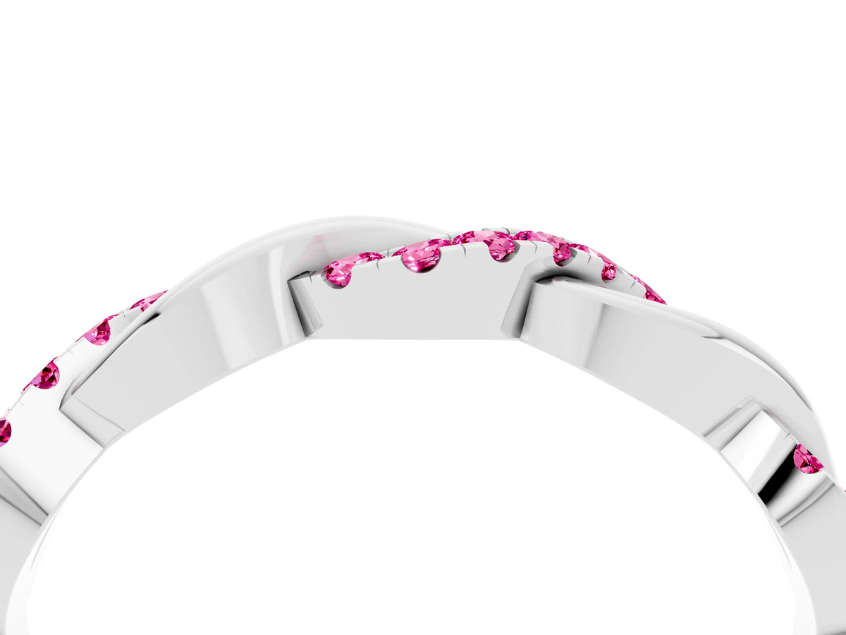 Round Pink Sapphire Pavé Twist Eternity Band in Platinum with Shared Prong Setting