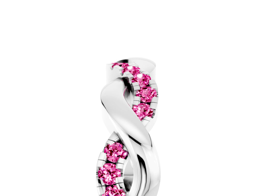 Round Pink Sapphire Pavé Twist Eternity Band in Platinum with Shared Prong Setting