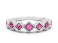 Round Pink Sapphire Square Bezel Chevron Band in Silver with Milgrain Detailing 